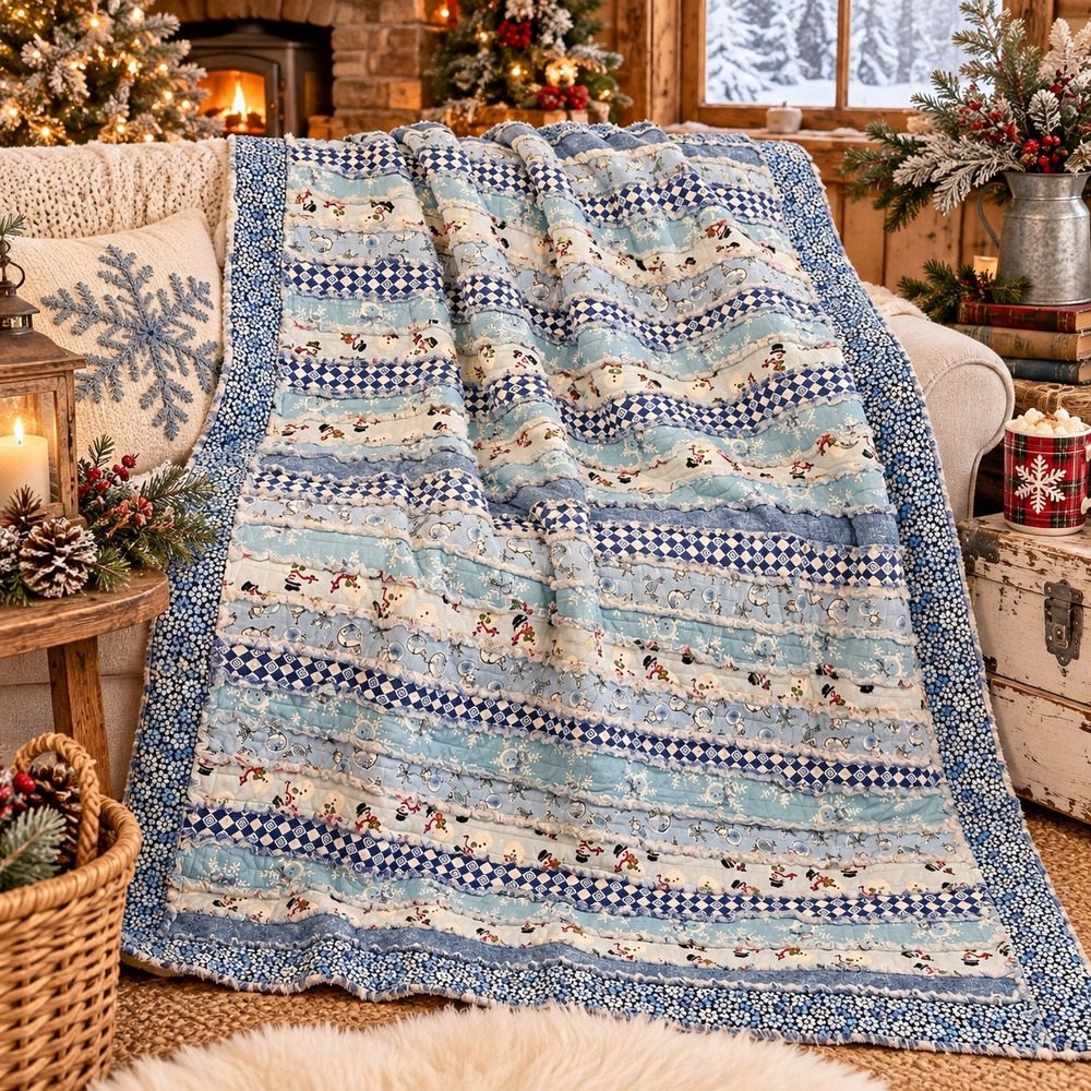 Handmade Christmas Rag Quilt Blue Snowman Winter Cottagecore Farmhouse Throw